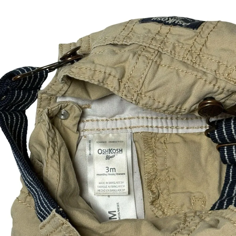 OshKosh B’gosh Boys 3M Khaki Shortall Overalls Tan Cotton Adjustable Straps